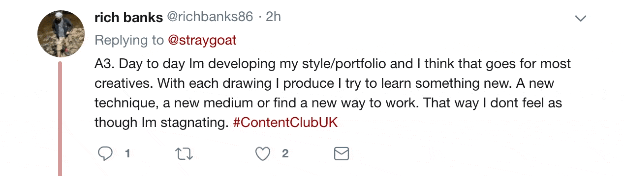 Twitter comment from richbanks86. He mentions he is trying to develop his style and portfolio from day to day.