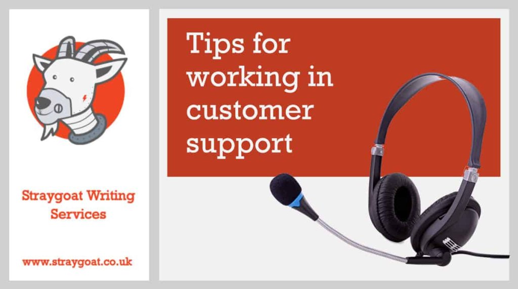 Straygoat writing services logo with title "tips for working in customer support". There is an image of headphones and mic.
