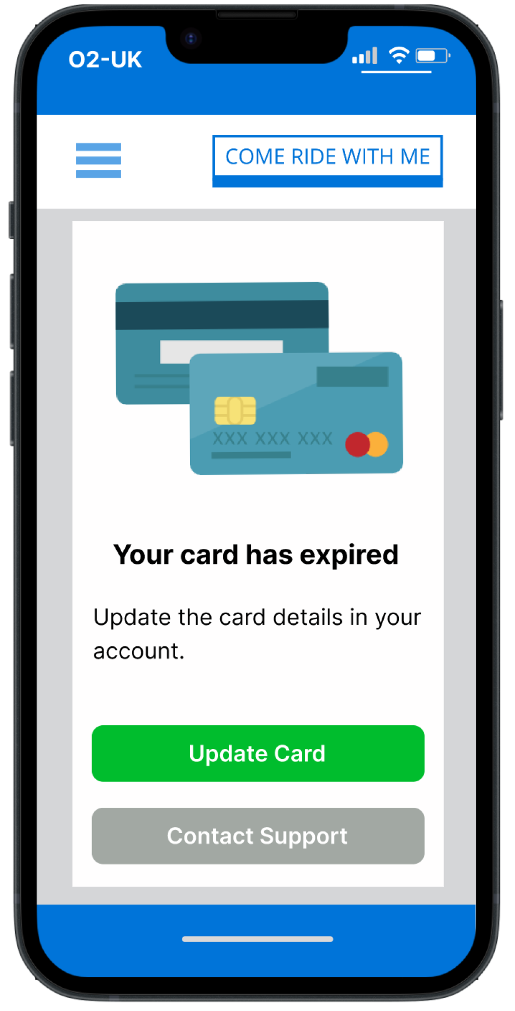 Your card has expired. Update the card details in your account.