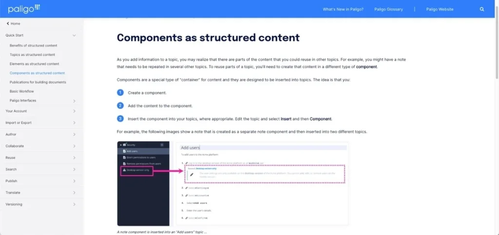 Screenshot of Paligo help centre. It shows a topic called "Components as structured content" and has an intro, a step-by-step procedure, and an example with a screenshot and caption.